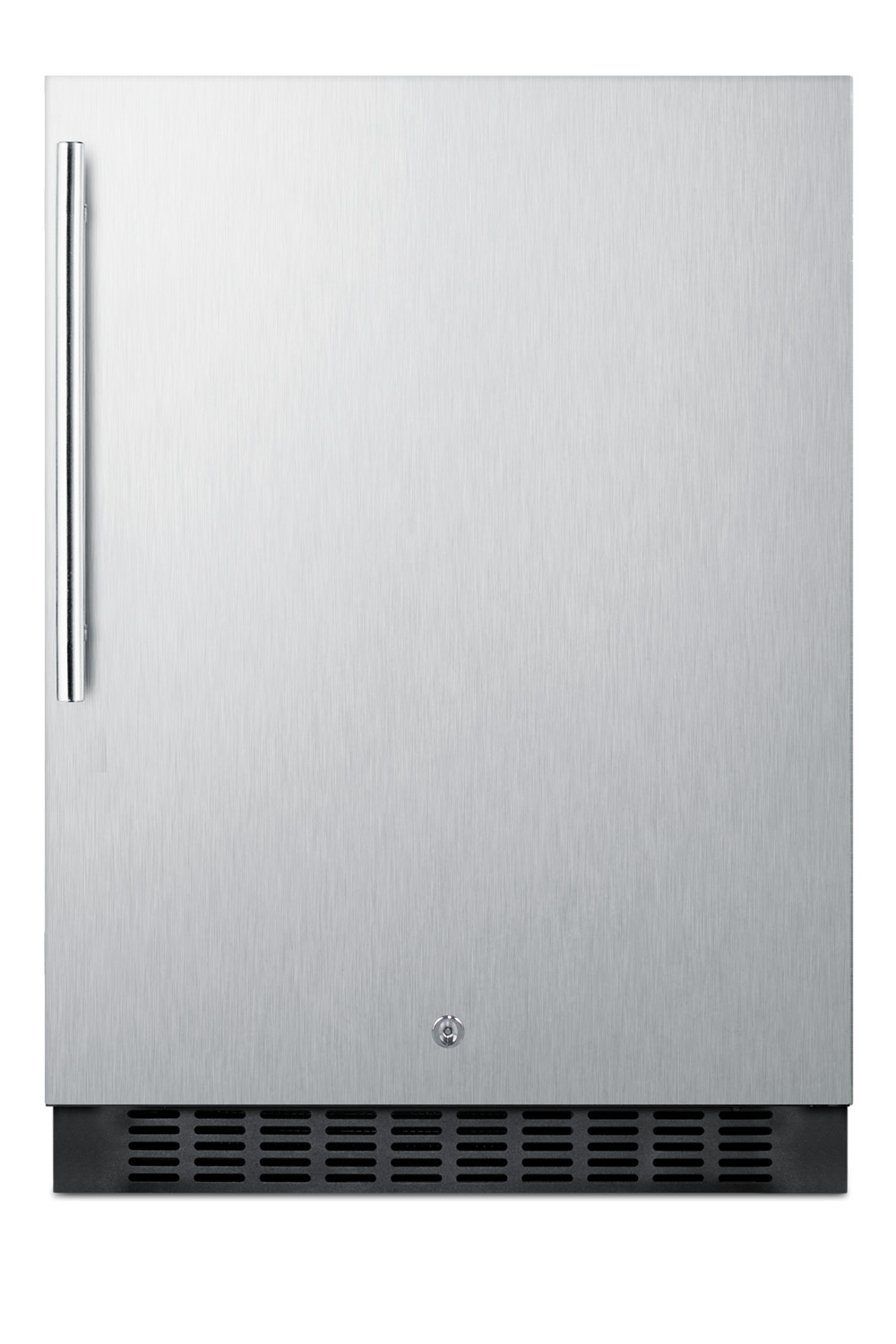 Built-in undercounter all-refrigerator for residential or commercial use, frost-free w/stainless steel wrapped door, horizontal handle, and black cabinet